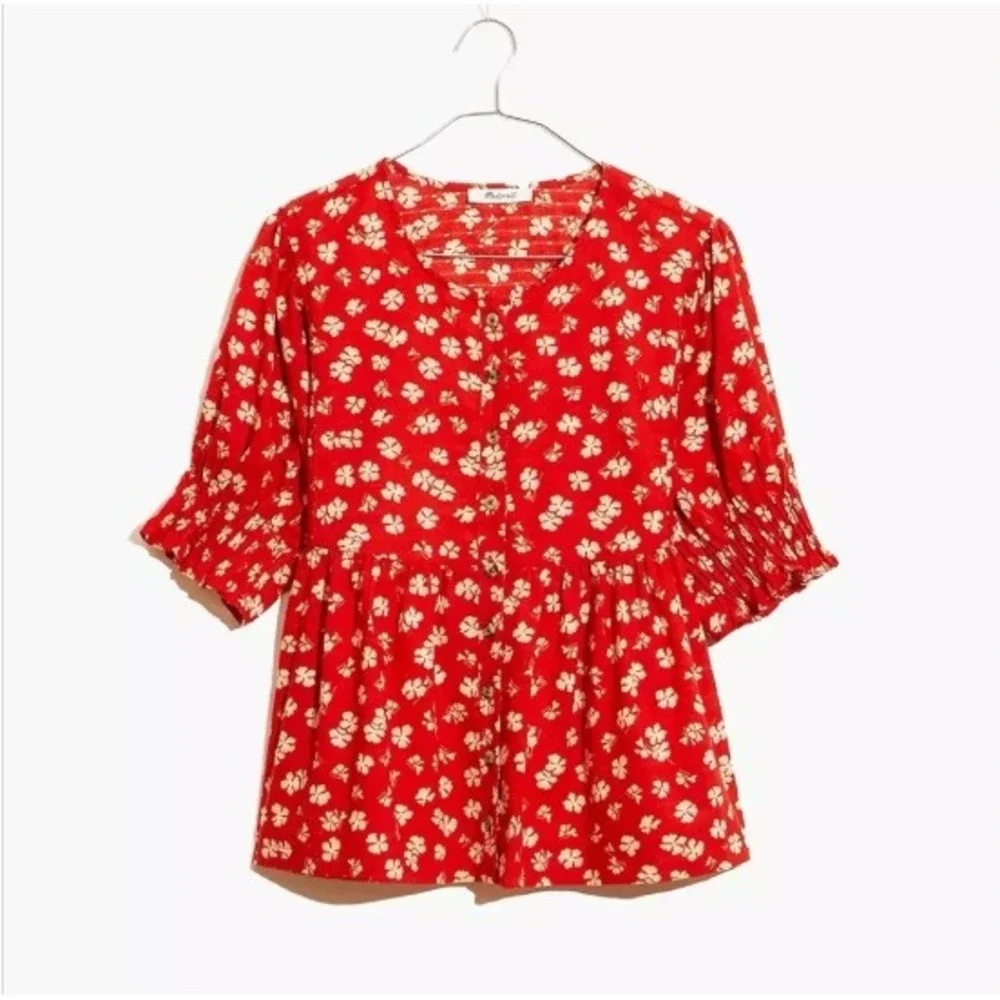 Madewell‎ Floral Peplum Top Womens Large 100% Cotton Red Puff Sleeve